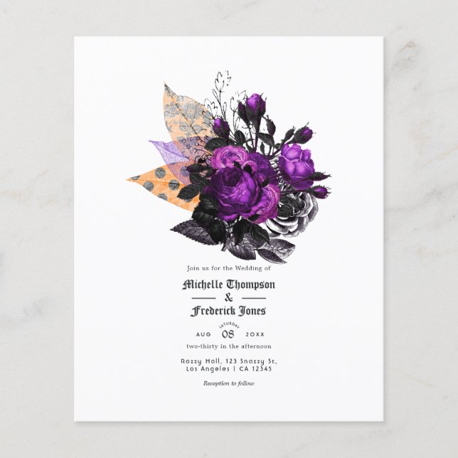 Flyer Casamento Floral Despojado Preto, Roxo e Laranja (Frente)