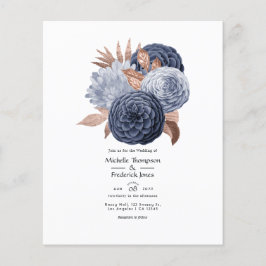 Flyer Casamento Floral em Azul Empoeirado e Dourado Rosa