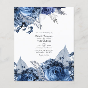 Flyer Casamento Floral em Azul Marinho e Branco com Folh