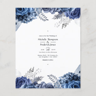 Flyer Casamento Floral em Azul Marinho e Branco com Folh