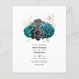 Flyer Casamento Floral Gótico em Verde-azulado, Preto e