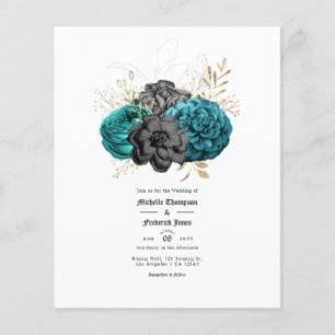 Flyer Casamento Floral Gótico em Verde-azulado, Preto e