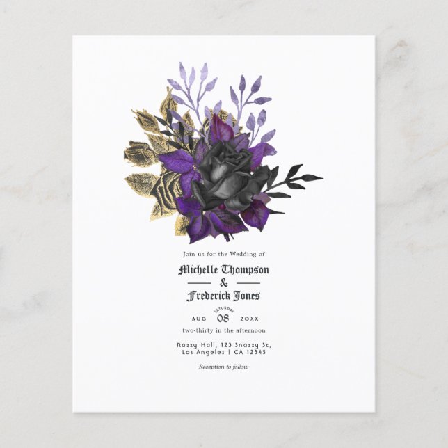Flyer Casamento Floral Gótico Preto Roxo Dourado (Frente)