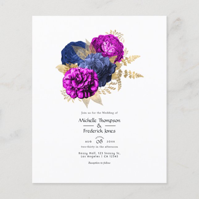 Flyer Casamento Floral Magenta Naval e Dourado (Frente)