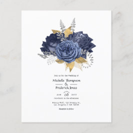 Flyer Casamento Floral marinho Azul, Dourado e Prateado