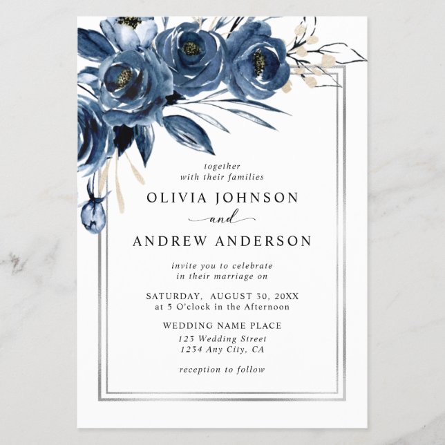 Flyer Casamento Floral Moderno Clássico Azul Marinho e P (Frente)