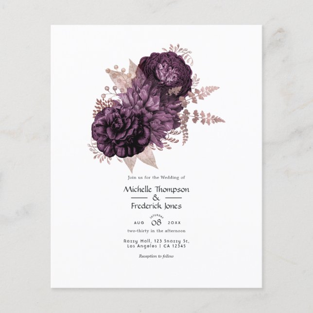 Flyer Casamento Floral Roxo Escuro e Dourado Rosa (Frente)