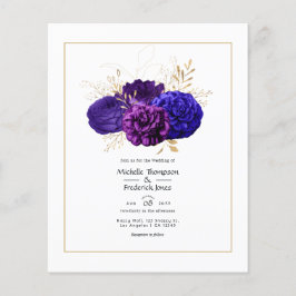 Flyer Casamento Floral Roxo Vintage, Azul Real e Dourado