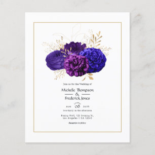 Flyer Casamento Floral Roxo Vintage, Azul Real e Dourado