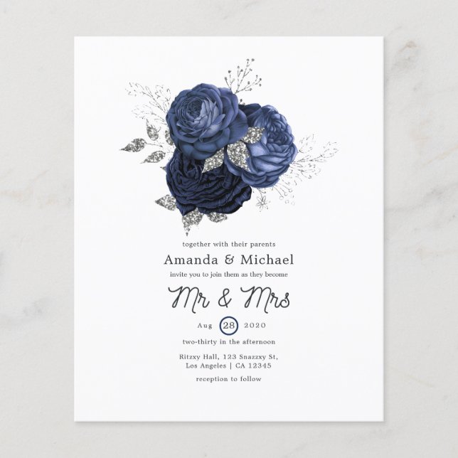 Flyer Casamento Floral Rústico Azul Marinho e Brilho Fal (Frente)