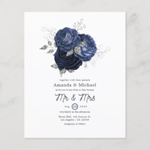 Flyer Casamento Floral Rústico Azul Marinho e Brilho Fal