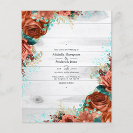 Flyer Casamento Floral Rústico em Coral e Azul Turquesa