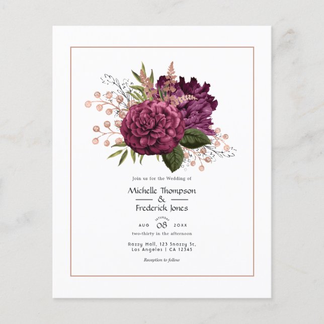 Flyer Casamento Floral Vintage Marsala e Dourado Rosa (Frente)