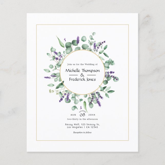 Flyer Casamento Geométrico de Eucalipto Lavanda Dourado (Frente)