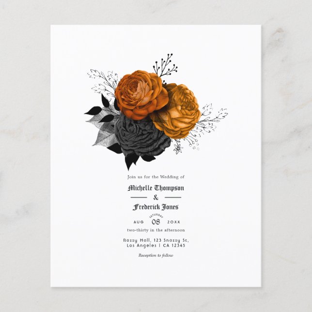 Flyer Casamento Gótico Floral Negro e Laranja (Frente)