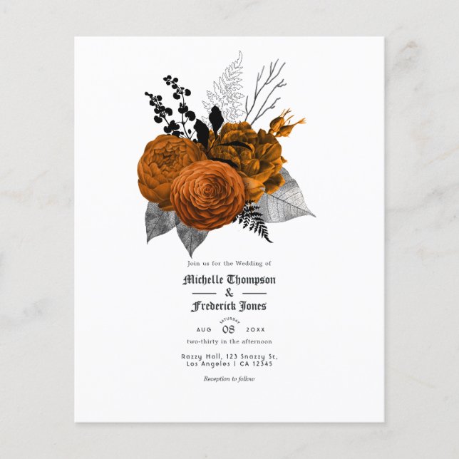 Flyer Casamento Gótico Floral Negro e Laranja (Frente)