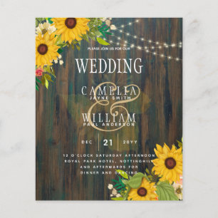 Flyer Casamento País Madeira Rústica Girassóis Luzes Inv