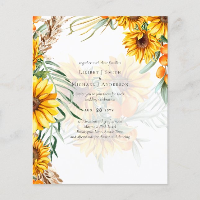 Flyer Casamento Rustic Sunflower Pampas Grass Dusty Rosa (Frente)