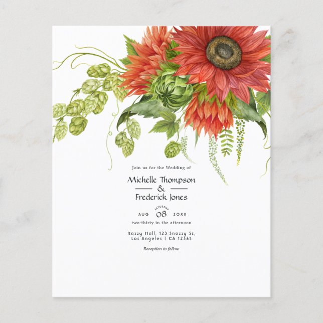 Flyer Casamento Rústico Boêmio com Girassóis Vermelhos e (Frente)