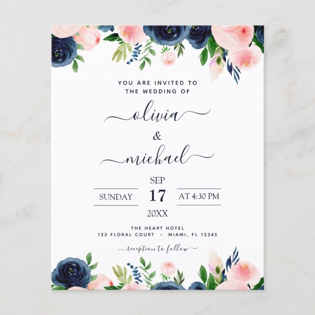 Flyer Casamento Simples Rosa Floral Azul-Marinho (Frente)