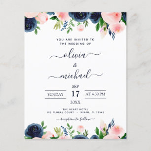 Flyer Casamento Simples Rosa Floral Azul-Marinho