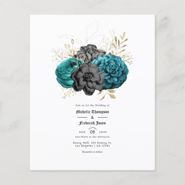 Flyer Casamento Teal, Negro e Dourado Gótico Floral (Frente)