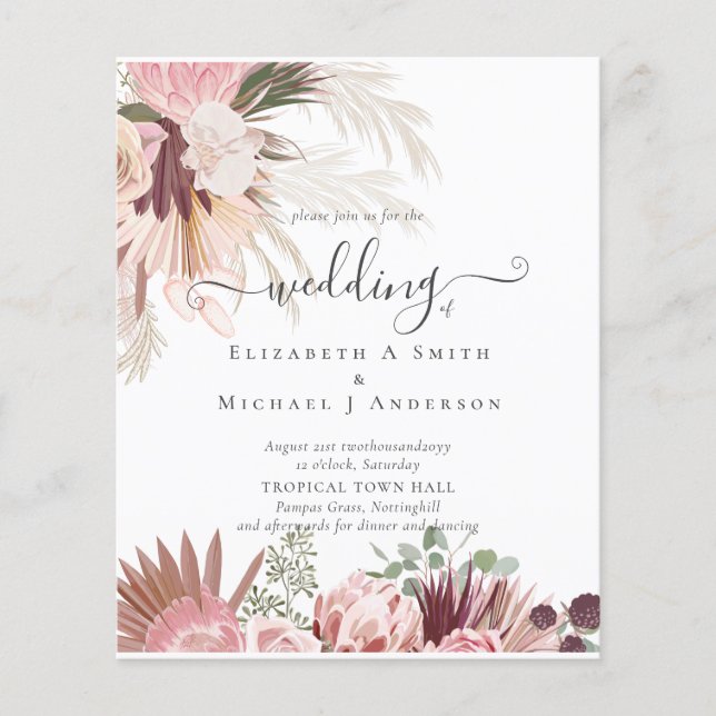 Flyer Casamento Tropical de Pampas de Vinho Burgundy (Frente)