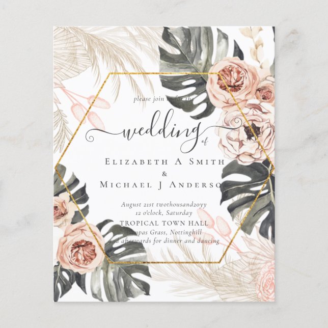Flyer Casamento TROPICAL GRASS PAMPAS de baixo custo (Frente)
