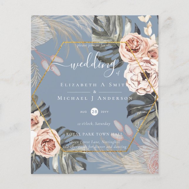 Flyer Casamento TROPICAL GRASS PAMPAS de baixo custo (Frente)