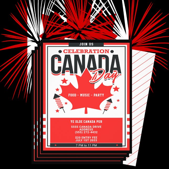 Flyer Celebração Dia do Canadá 1 de julho Convite de fes (Canada Day (Dominion Day) is a federal statutory holiday. July 1, 1867, Canada's birthday. )