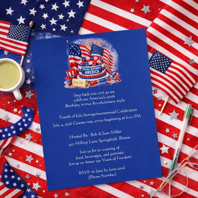 Flyer Celebração do Semiquincentenário do Dia 4 de Julho (Celebrate 250 Years of Freedom with food, fireworks, and Revolutionary fun this Fourth of July!)
