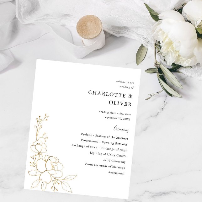 Flyer Cerimônia de Casamento Floral Dourada do Orçamento (Criador carregado)
