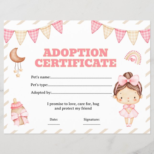 Flyer certificado de adoção de boneca editável (Frente)