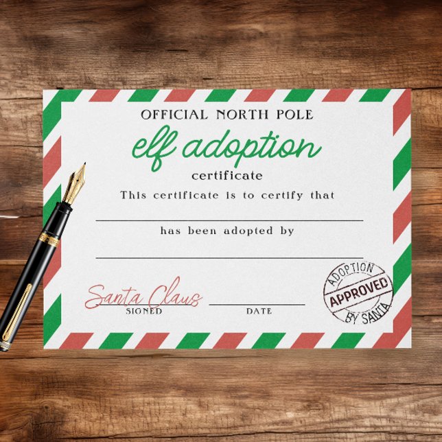 Flyer Certificado de adoção Elf assinado por Papai Noel (Elf Adoption Certificate Signed by Santa Claus official North Pole legal document by Ricaso. )