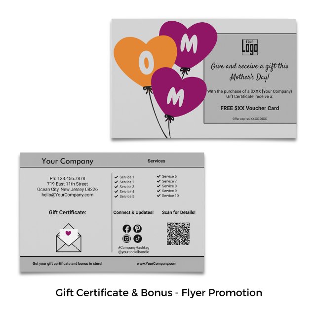 Flyer Certificado de Presente & Promoção de Bônus do Dia (Gift Certificate & Bonus Mother's Day Promotion Flyer)