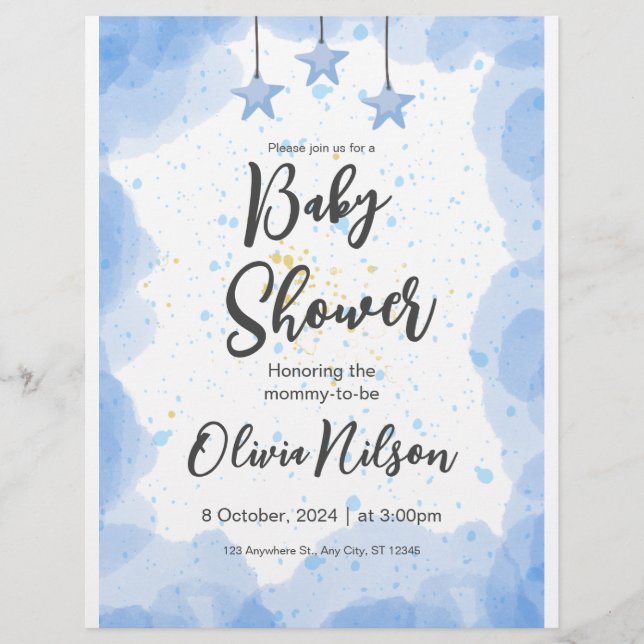 Flyer Chá de Bebê Aquarela Azul,  Chá de Bebê Menino (Frente)