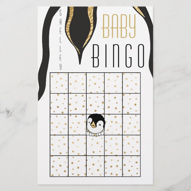 Flyer Chá de fraldas BINGO "Pinguim Dourado" (Frente)