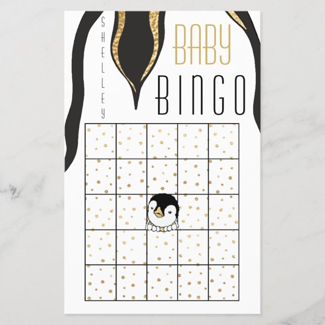 Flyer Chá de fraldas BINGO "Pinguim Dourado" (Frente)