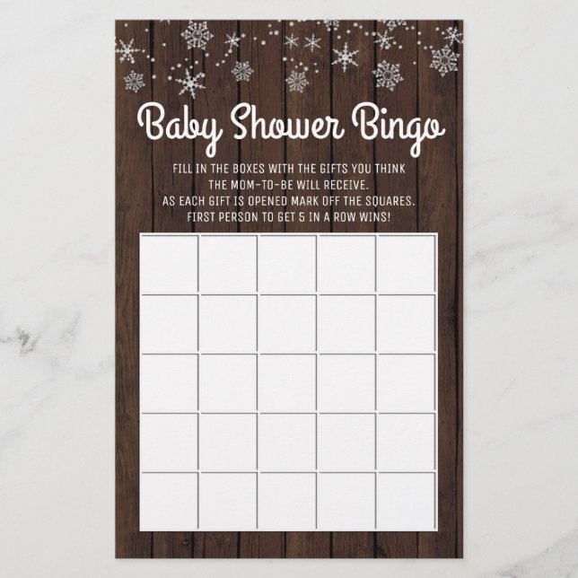 Flyer Chá de fraldas Bingo Rustic Snowflake Baby Bingo C (Frente)