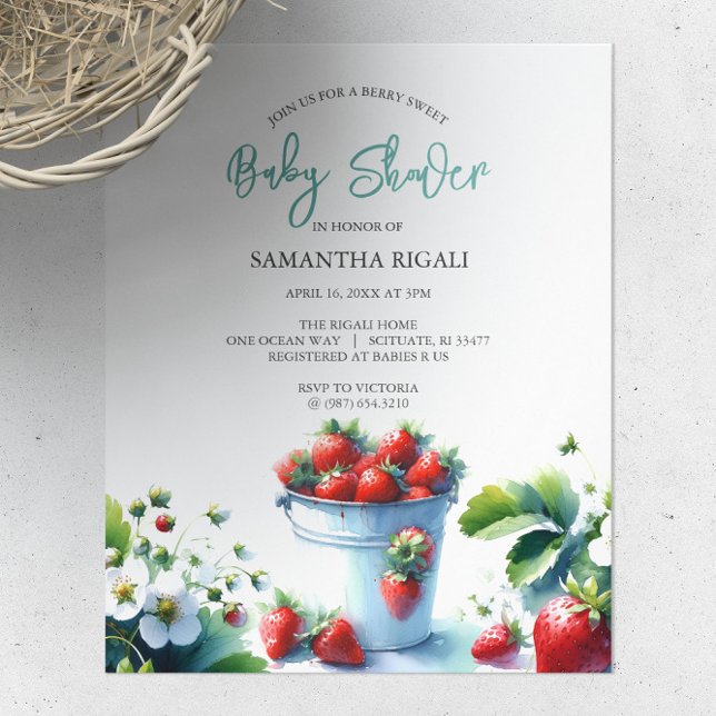 Flyer Chá de fraldas de Morango de Aquarela Orçamentária (Budget baby shower invitation watercolor strawberries by Do Tell A Belle)