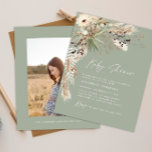Flyer Chá de fraldas do orçamento pampas moderno verde e<br><div class="desc">Chá de fraldas de  de orçamento,  capim e eucalipto,  o moderno festival de fotos do boho elegante na moda,  convidam design. Num terracota contemporâneo,  verde-sábio,  natural,  creme e colorida preta.</div>