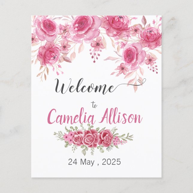 Flyer Chá de fraldas Floral Elegante Blush Bem-vindo (Frente)