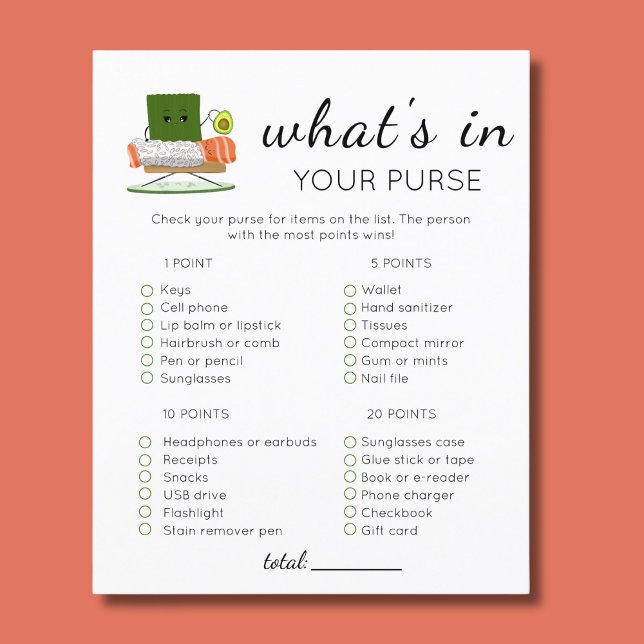 Flyer Chá de fraldas Sushi Kawaii O que há na sua bolsa (Criador carregado)