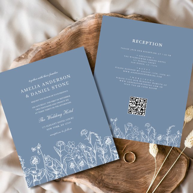 Flyer Chamada de Casamento de Código QR Azul de Flor Sel (Criador carregado)
