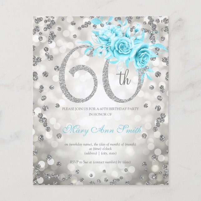 Flyer Chamada Silver Teal Floral 60 Aniversário (Frente)
