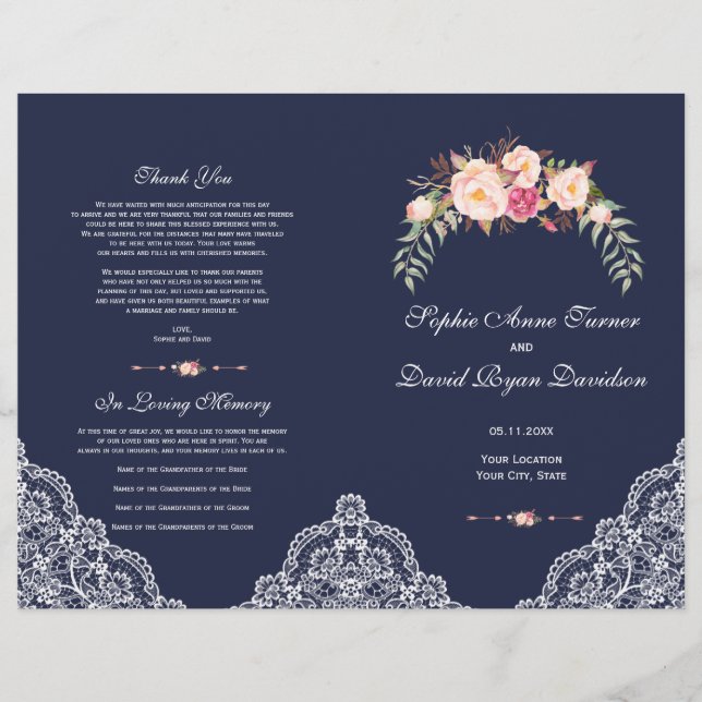 Flyer Charm Blush Pink Flowers Lace Marinho Casamento (Frente)