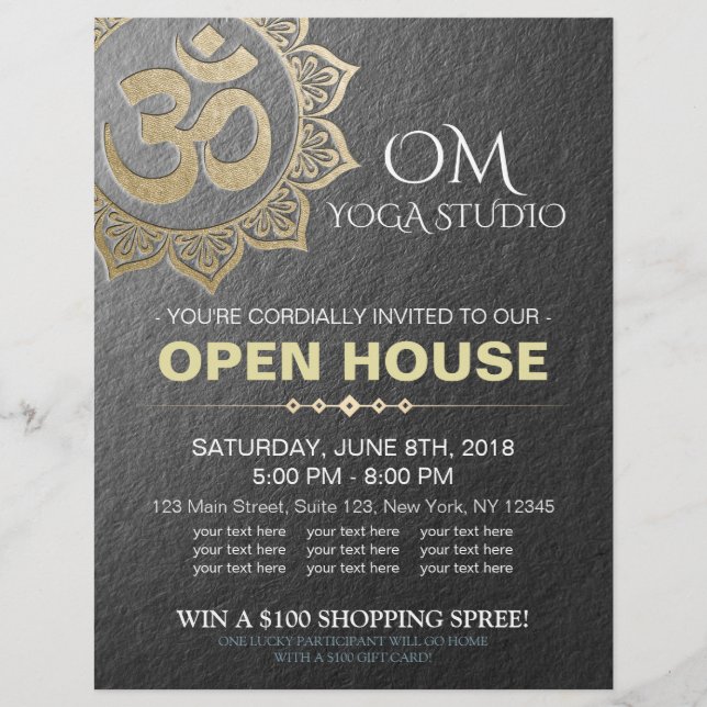 Flyer Chic Black Dourado OM Mandala YOGA Studio Open Hou (Frente)