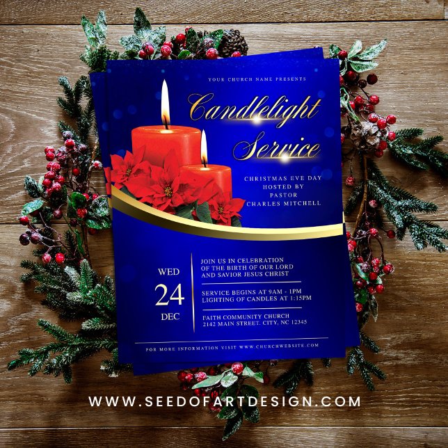 Flyer Christmas Candlelight Poinsettia Blue Church (Criador carregado)