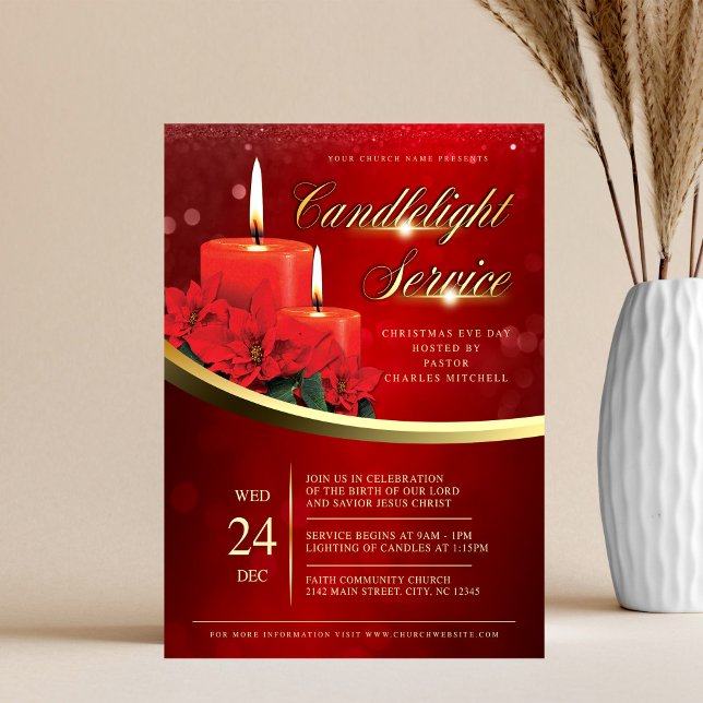 Flyer Christmas Candlelight Poinsettia Red Church (Criador carregado)