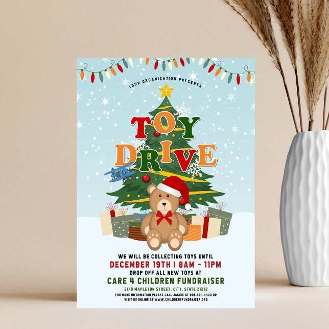Flyer Christmas Toy Drive Donation Tree & Teddy Bear (Criador carregado)